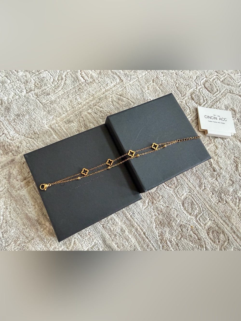 Gold Double Layer Clover Bracelet Black Enamel Floral Adjustable CINCIN ACC
